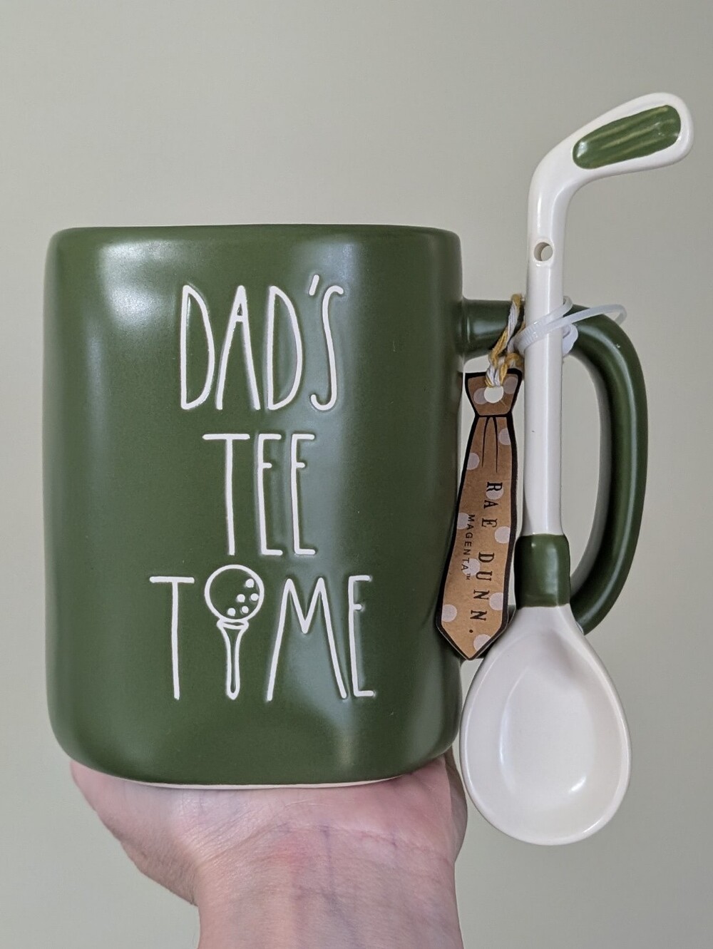 Rae Dunn DAD'S TEE TIME Soft Matte Olive Green Mug with Golf Club Spoon ⛳